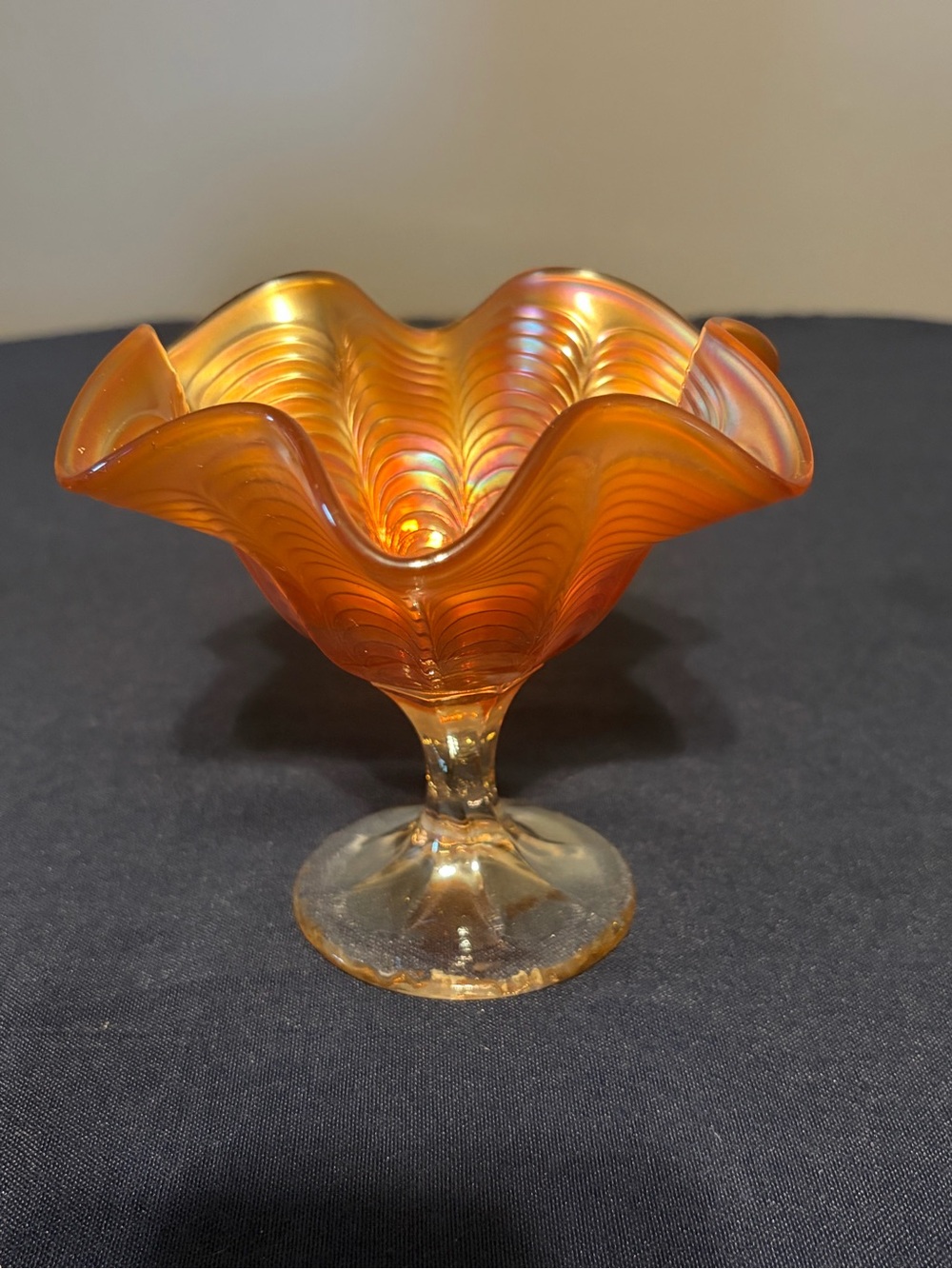 FENTON Carnival Glass Marigold Peacock Tail Compote